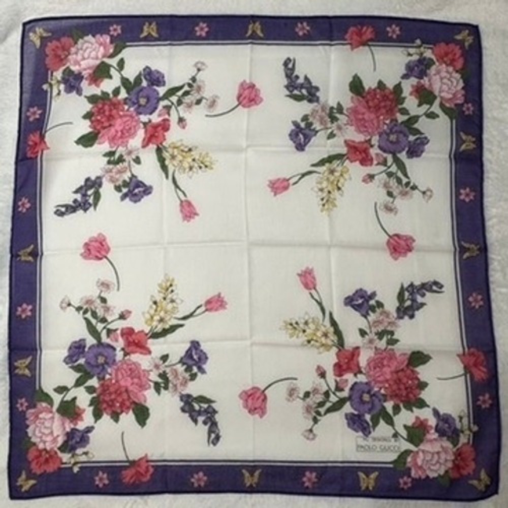 Vtg PAOLO GUCCI Scarf Handkerchief Floral Butterfly White Purple 16.5"